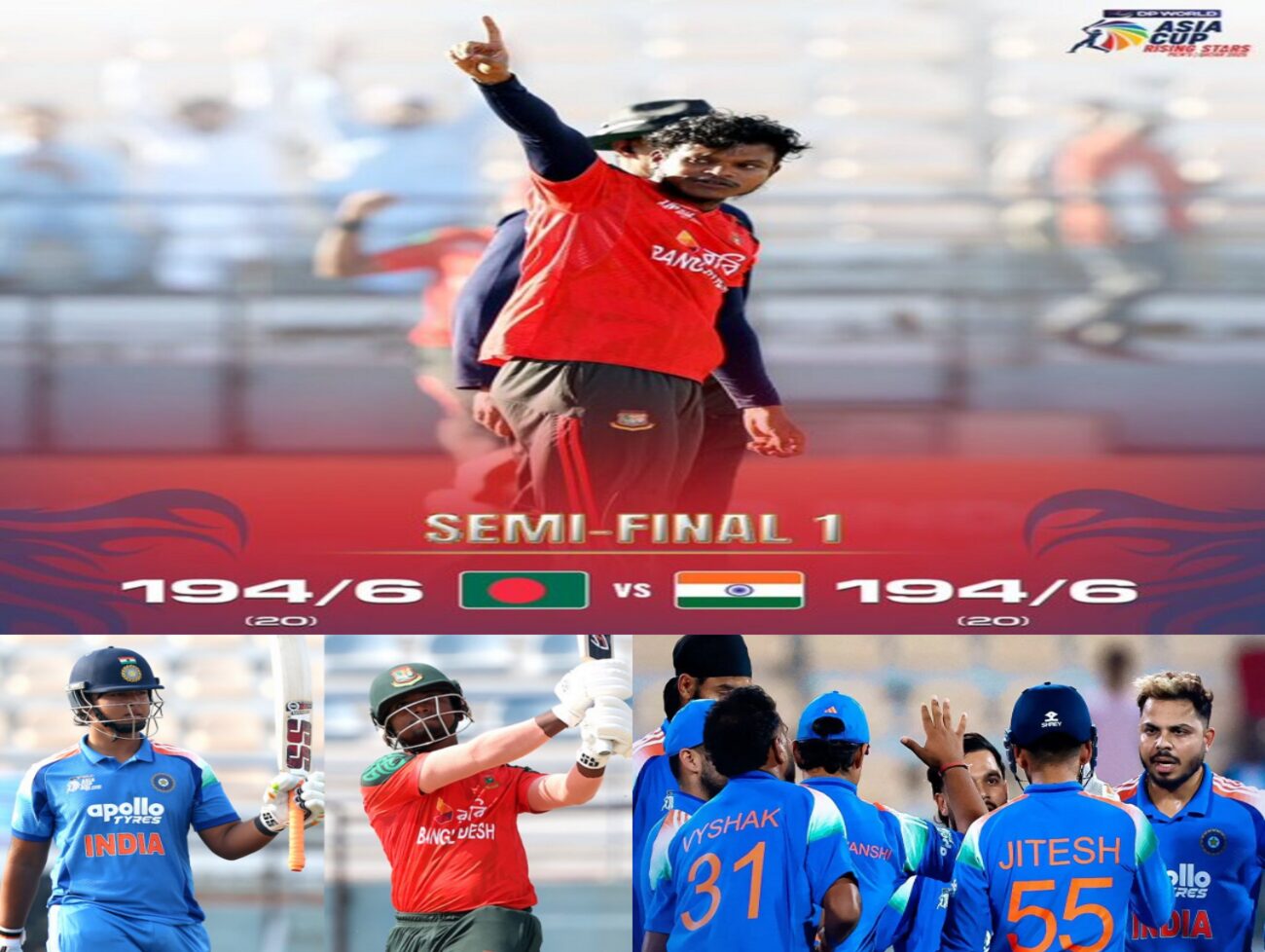 એશિયા કપ રાઈઝિંગ સ્ટાર્સની સેમિફાઇનલમાં બાંગ્લાદેશ  સામે ભારતની કારમી  હાર, સુપર ઓવરમાં બાંગ્લાદેશ જીત્યું