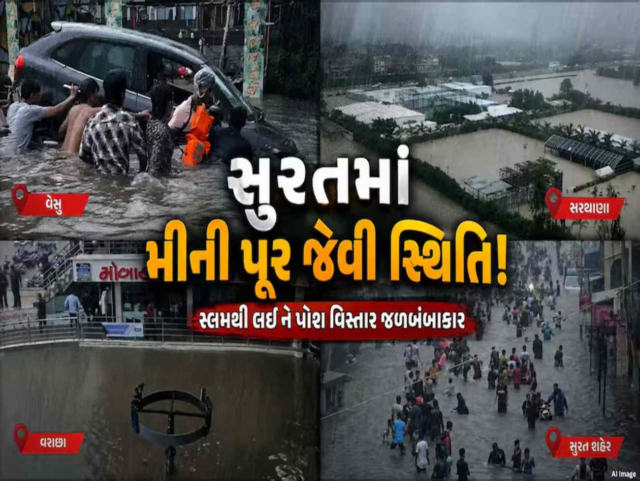સ્માર્ટ સિટી સુરત પાણી-પાણી ,18 ઈંચ વરસાદ ,પાંચમાંથી ચાર મુખ્ય ખાડીઓ ઓવરફ્લો