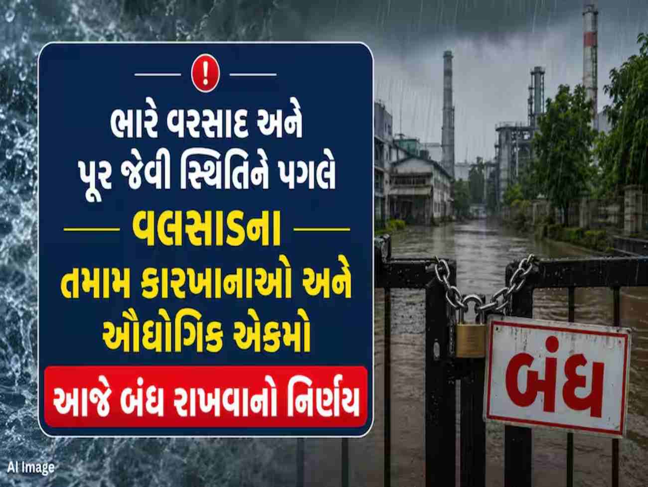 વલસાડમાં ભારે વરસાદ અને પૂરની સ્થિતિ: તમામ કારખાના અને ઔદ્યોગિક એકમો આજે બંધ રાખવા તંત્રનો આદેશ