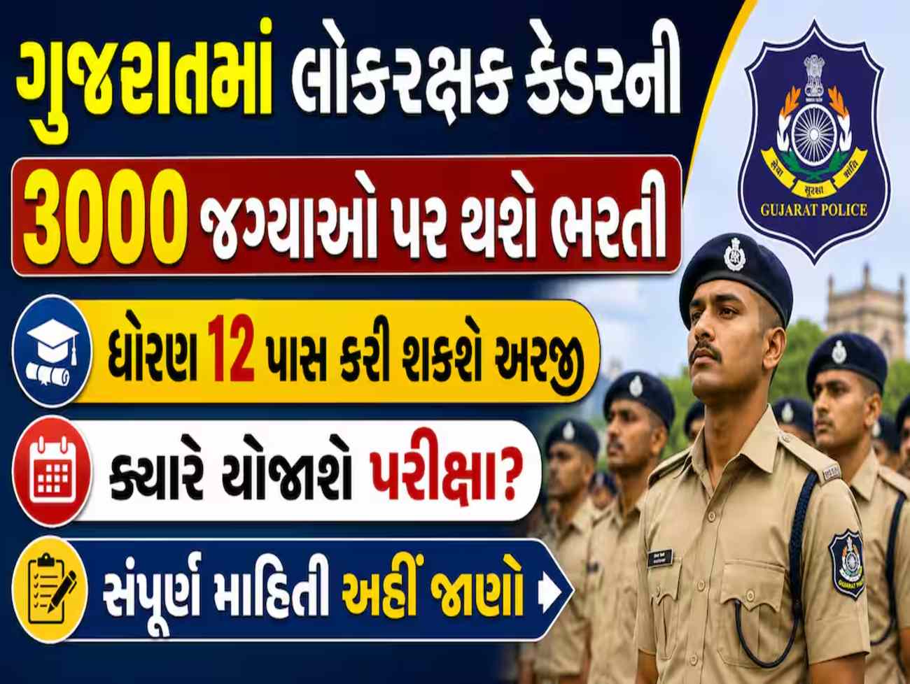 ગુજરાતમાં લોકરક્ષકની 3000 જગ્યાઓ પર થશે ભરતી, ધોરણ 12 પાસ કરી શકશે અરજી, ક્યારે યોજાશે પરીક્ષા?
